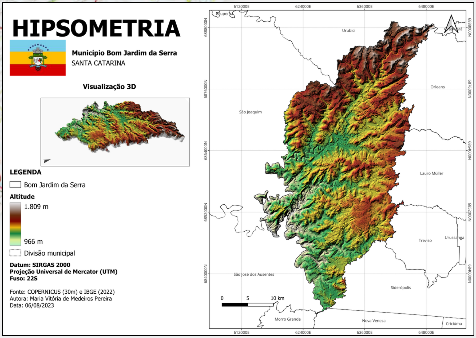Mapa hipsométrico de Bom Jardim da Serra, Santa Catarina