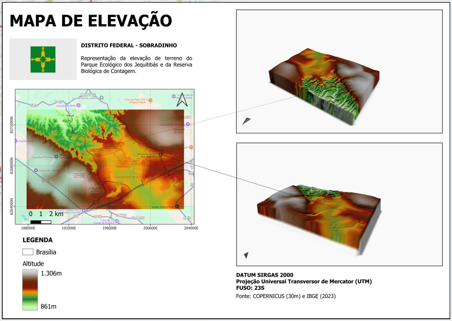 Mapa de elevação de Sobradinho, Distrito Federal